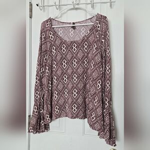 Stetson Maroon White Geometric Pattern Blouse Bell Split Long Sleeve Size L
